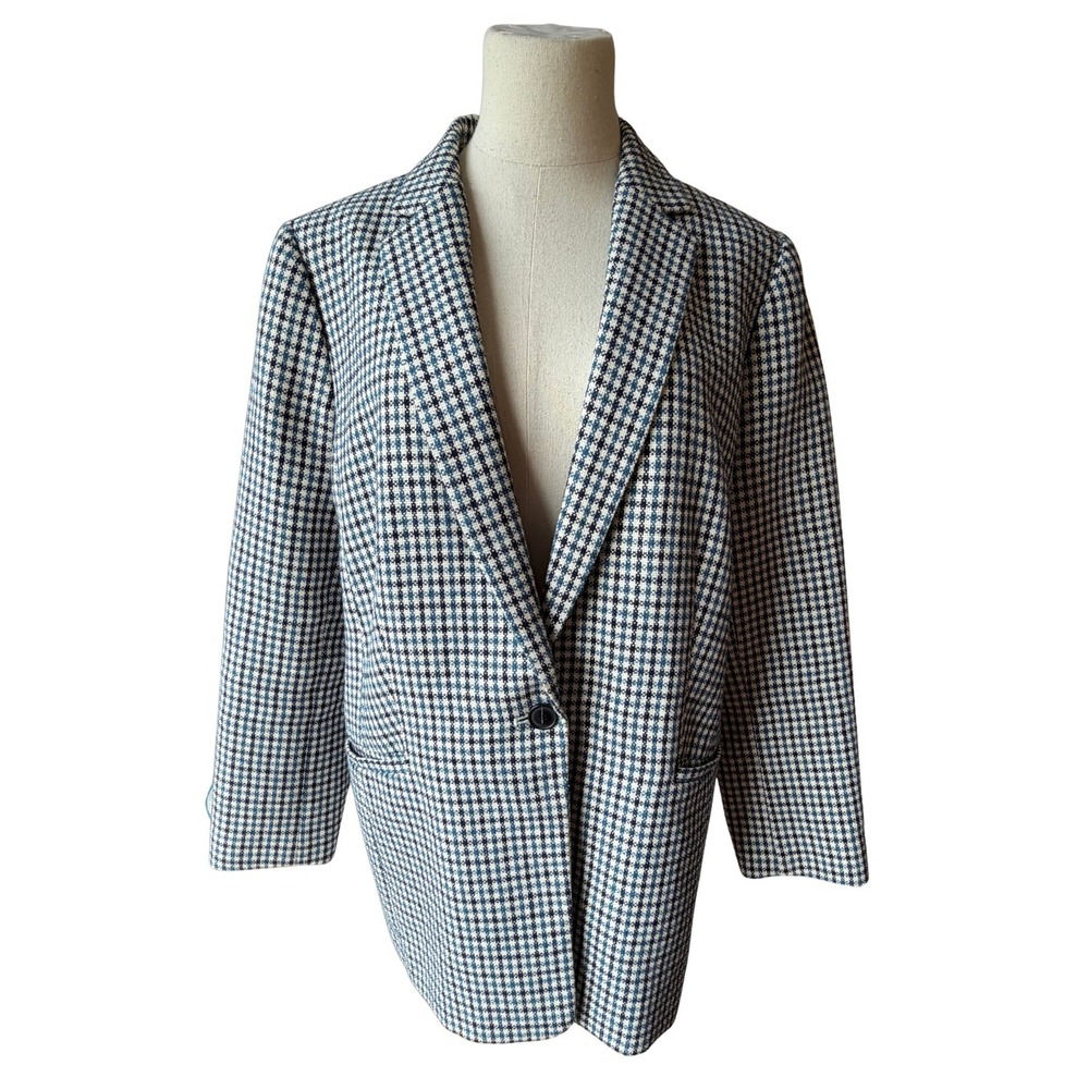 Talbots Women's Blue White Houndstooth Blazer Jacket 18 Preppy Light Academia